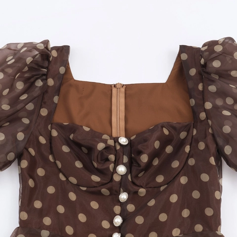 Vestito Midi A Pois Da Donna Organza Scollo Quadrato Maniche Corte A Sbuffo Retro Elegante Linea A Bottone Perla Artificial Cerniera Posteriore