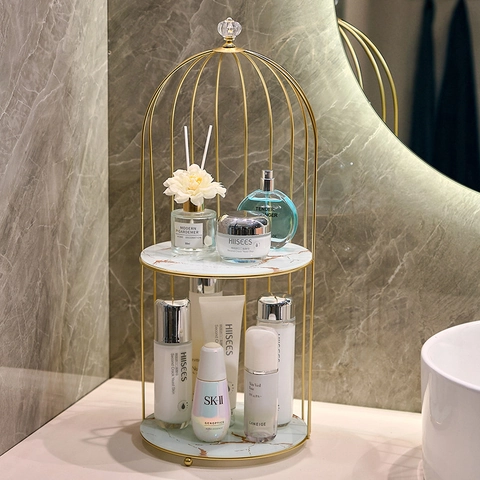 Luxury Birdcage Cosmetic Storage Rack Iron Metal Nordic Style Makeup Organizer For Bathroom Vanity Dresser Crystal Handle