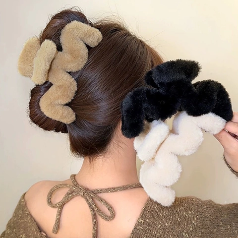 Große Plüsch Haarklammer Kunstfell Wellenform Shark Clip Elegante Herbst Winter Haarstyling Accessoire Für Damen