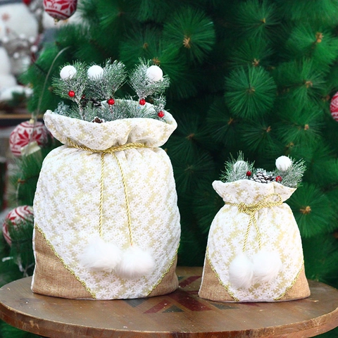 Sacchetto Regalo Di Natale Con Coulisse Tessuto Di Lino Con Stampa Fiocchi Di Neve Pompon Pigna Decorazione Festiva