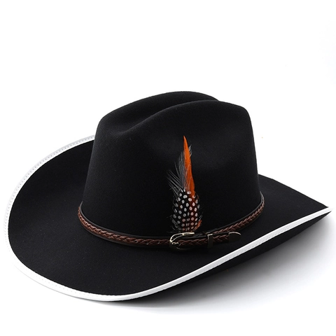 Western Cowboy Hat Polyester Felt Wide Brim With Braided Leather Belt And Feather Decor Vintage Ethnic Style For Unisex