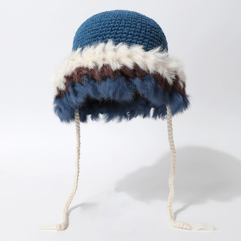 Cappello Alla Pescatora In Maglia Invernale Patchwork In Pelliccia Sintetica Caldo Con Coulisse Intrecciate Stile Giapponese Carino Donne