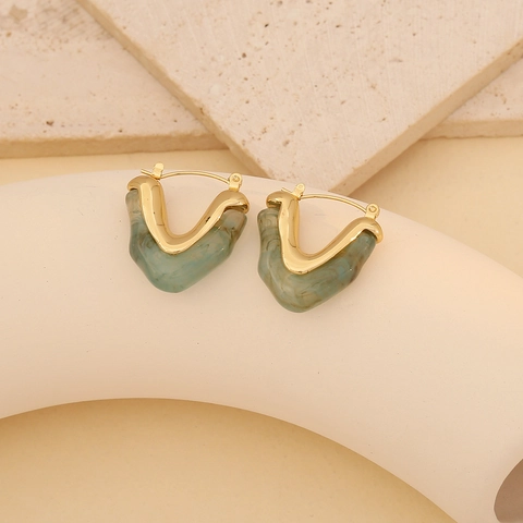 Women V-Shaped Geometric Stud Earrings Stainless Steel With Resin Marble Pattern Modern Fashion Jewelry