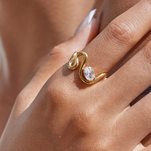 Stainless Steel Rings For Women Gold Plated Cubic Zirconia Geometric Heart Wave Shaped Waterproof Hypoallergenic Jewelry