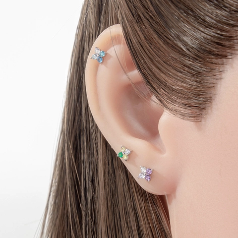 Titanium Steel Flower Piercing Earring With Cubic Zirconia Flat Back Threaded Ear Bone Stud For Women