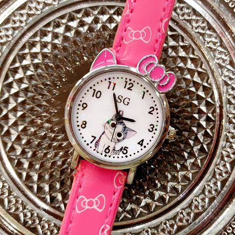 Cute Cartoon Cat Quartz Watch For Girls Kids With PU Leather Strap Alloy Case Bow Print Analog Display Round Dial Kawaii