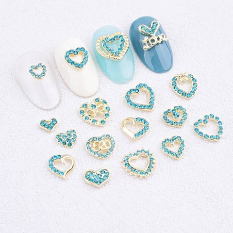 Herzförmige Nailart Charms Legierung Gold Blau Strass Hohl Schleife Design Schmuck Zubehör Für Frauen DIY Maniküre