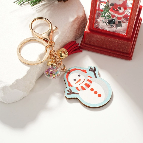 Snowman Keychain Christmas Wood Acrylic Alloy Tassel Sequin Ball Bag Pendant Holiday Gift Cute Cartoon Ornament