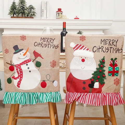 Weihnachten Stuhlrückenbezüge Leinen Weihnachtsmann Schneemann Muster Stuhlbezüge Mit Gestreiften Rüschen Für Esszimmer Party Heimdekor