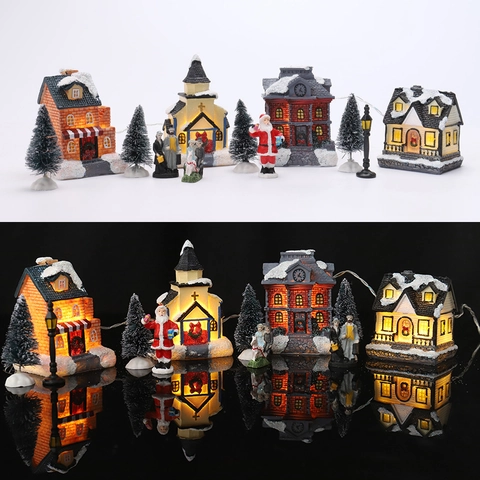 Aldea de Navidad LED Brillante Casas en Miniatura de Resina Decoraciones Pueblo Nevado Con Papá Noel Árboles Farola Decoración Hogar