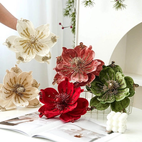 Artificial Christmas Poinsettia Flowers Velvet Magnolia Glitter Decoration For Tree Festive Home Decor Multi Color