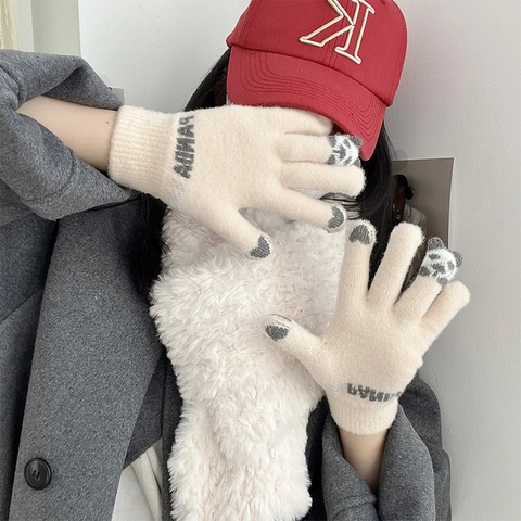 Dames Winter Warm Gebreide Touchscreen Handschoenen Schattig Panda Patroon Verdikte Winddichte Thermische Handschoenen Buiten Fietsen Handschoenen