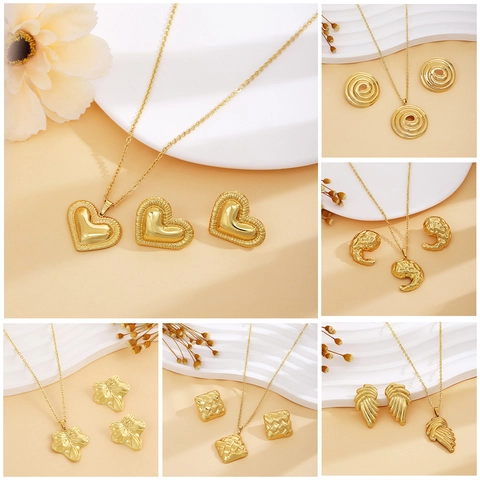 Collana E Orecchini Acciaio Inossidabile 304 Placcato Texture Geometrica Foglia Cuore Lusso Vintage Elegante Per Donna
