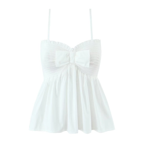 Damen Camisole Top Baumwollmischung Bowknot Gesmokt Rüschensaum Ärmellos Verstellbare Träger Lässig
