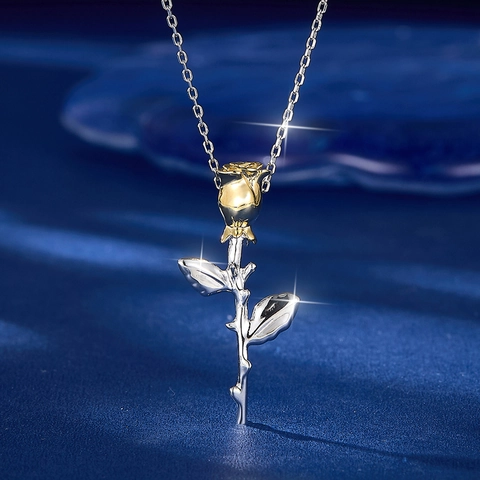 925 Sterling Silver Rose Flower Pendant Necklace For Women Two-Tone Gold Silver Rose Bud Botanical Necklace Fine Jewelry Gift