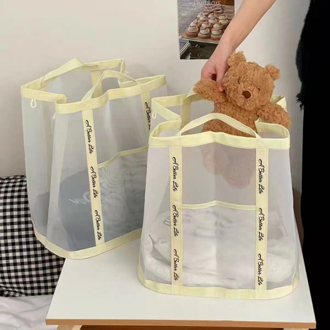 Cream White Mesh Laundry Basket Large Capacity Foldable Wall Mounted Dirty Clothes Storage Bag For Bathroom Home Modern