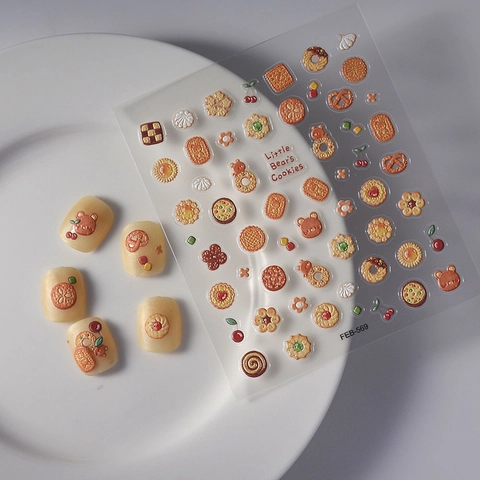 Autocollants Ongles Relief 3D Little Bear Cookies Simulation Nourriture Gaufre Cerise Dessin Animé Mignon Décalcomanies 5D