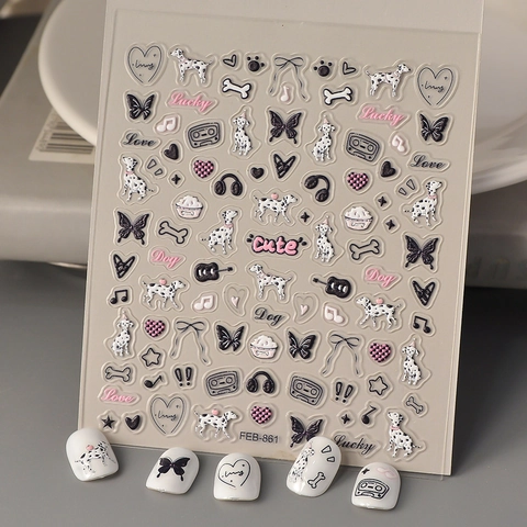Autocollants À Ongles Relief 5D Chien Dalmatien Papillon Coeur Auto-Adhésif Imperméable Pour Femmes Enfants Manucure