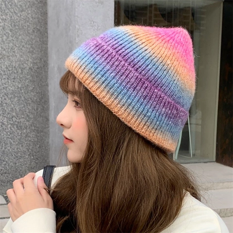 Gradient Tie-Dye Knitted Beanie For Women Men Winter Warm Soft Acrylic Crochet Skull Cap Fashion Casual Outdoor Headwear