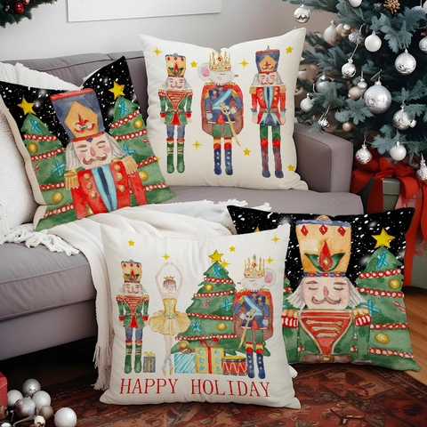 Nutcracker Kerst Kussenhoes Linnen Aquarel Illustratie Print Feestelijke Decoratieve Kussensloop Voor Bank En Couch