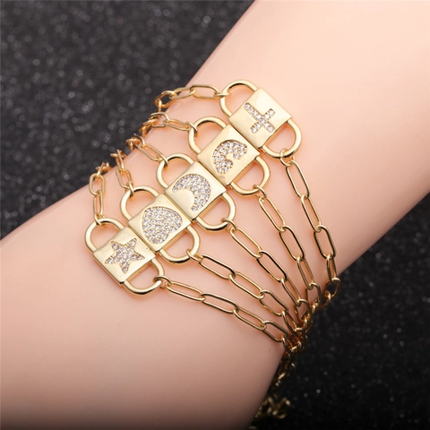 Bracciale In Rame Hip Hop Con Ciondoli In Zircone Incrostato Croce Stella Cuore Luna Arcobaleno Catena Regolabile Uomo