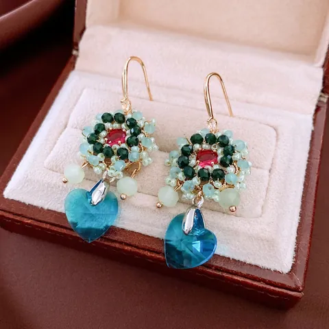 Flower Beaded Pendant Earrings With 925 Sterling Silver Earring Post Blue Heart Glass Crystal Ethnic Retro Style For Women