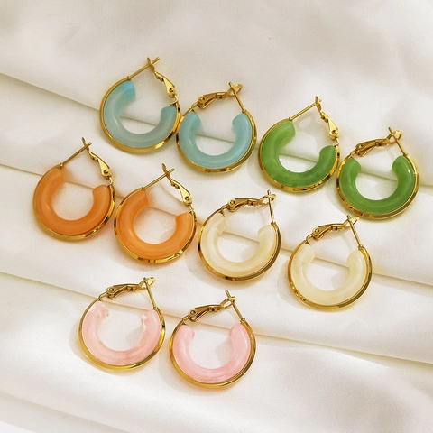Stainless Steel Colorful Geometric Earrings Gold Plated Resin Square Teardrop C-Shaped Stud Earrings For Women Party Jewelry