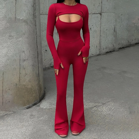 Hollow Out Lange Mouwen Shrug En Halter Uitlopende Jumpsuit Polyester Geribbelde Slim Fit Rugloos Streetwear Voor Dames