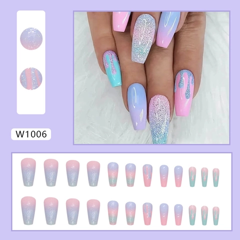 Uñas Postizas Press On Coffin Degradado Color Macaron Brillo Diseño Goteo Puntas De Manicura Profesional Largas