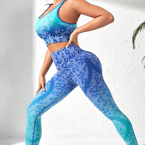 Ensemble De Yoga En Tricot Sans Couture À Imprimé Léopard Dégradé Femmes Leggings Taille Haute Soutien Gorge De Sport