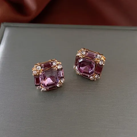 Vintage Square Purple Crystal Stud Earrings With Silver Earring Post Alloy Rhinestone Luxury Chic Jewelry For Women