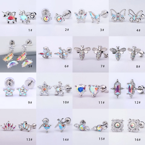 316L Acciaio Inossidabile Zirconia Aurora Orecchini a Bottone Per Donna Uomo Vintage Palazzo Farfalla Cuore Ape Corona Gioielli Piercing Oro Argento Placcato