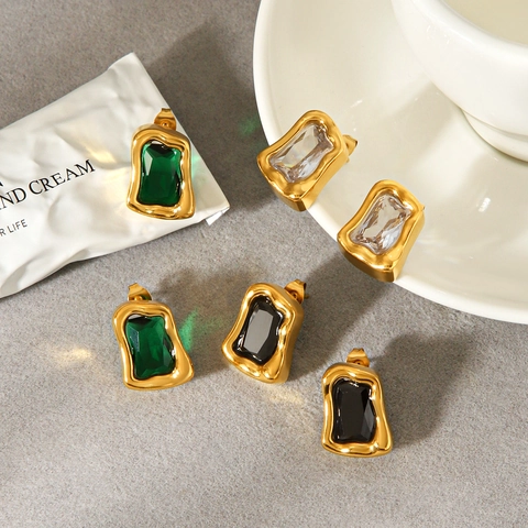 Roestvrijstalen Knopoorbellen Goud Verguld Onregelmatig Geometrisch Rechthoekig Zirkoon Luxe Retro Sieraden Voor Dames