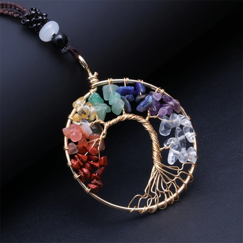 Tree Of Life Pendant Necklace Natural Crushed Stones Copper Wire Wrapped Chakra Healing Crystal Jewelry For Women