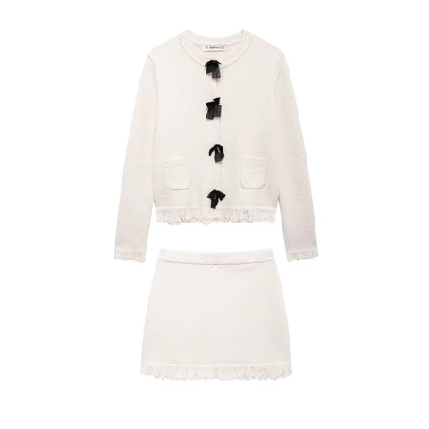 Women Knit Cardigan And Mini Skirt Elegant Black Bow Decor Fringe Trim Long Sleeve White Knitwear Elegant Outfit