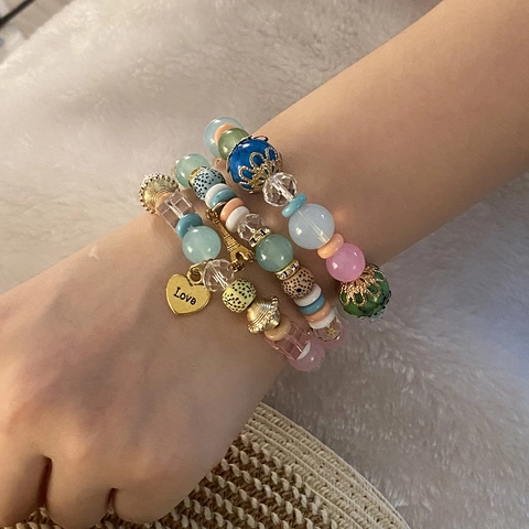 Multilayer Beaded Bracelets Fashion Acrylic Alloy Heart Eiffel Tower Love Charm Bohemian Jewelry For Women Girls