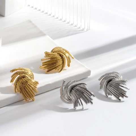 Wheat Ear Stud Earrings Titanium Steel With Stainless Steel Earring Post Radial Pattern Layered Metallic Texture For Women
