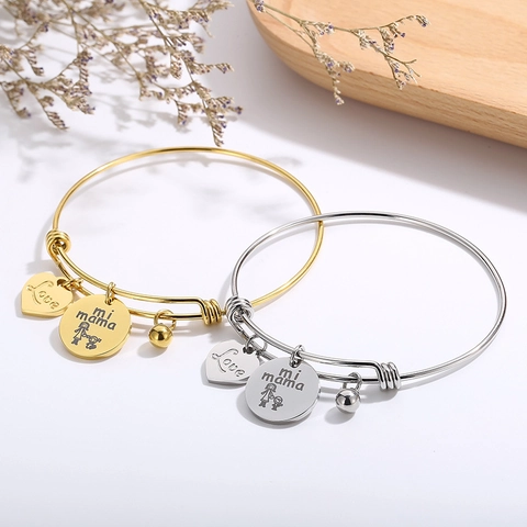 Bracelet Jonc Ajustable En Acier Inoxydable Avec Charms Coeur Love Et Mi Mama Cadeau Fête Des Mères