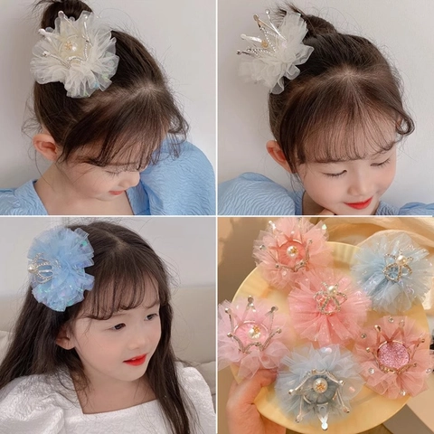 Pinzas para el Cabello de Corona de Princesa para Niñas Hechas a Mano de Encaje Malla Tul Strass Perla Artificial Accesorios