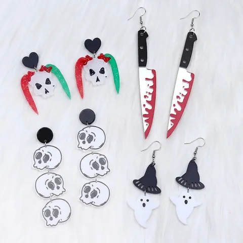 Halloween Dangle Earrings Acrylic Bloody Knife Ghost Skull Gothic Punk Novelty Jewelry For Women With Silver Earring Post