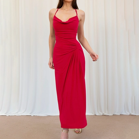 Cowl Neck Strappy Maxi Kleid Damen Sexy Rückenfrei Überkreuzt Gekräuselt Hohe Taille Schlanke Passform Einfarbig Abendkleid