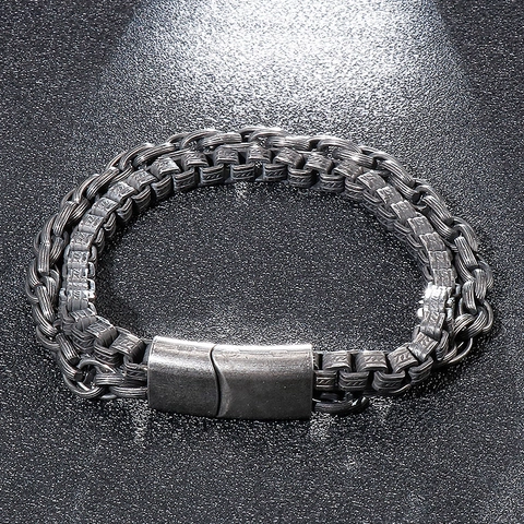 Retro Men Stainless Steel Bracelet Double Layer Box Braided Chain Industrial Punk Style Vintage Hip Hop Jewelry