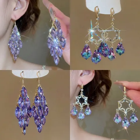 Orecchini Pendenti Con Nappe In Cristallo Viola Foglia Stella Eleganti Gioielli Moda Donna Con Perno Argento