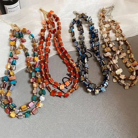 Bohemian Layered Natural Shell Beaded Necklace Irregular Square Slices Vintage Geometric Choker For Women