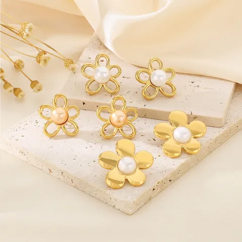 Sweet Hollow Flower Stud Earrings With Faux Artificial Pearl Stainless Steel Elegant Floral Jewelry For Women