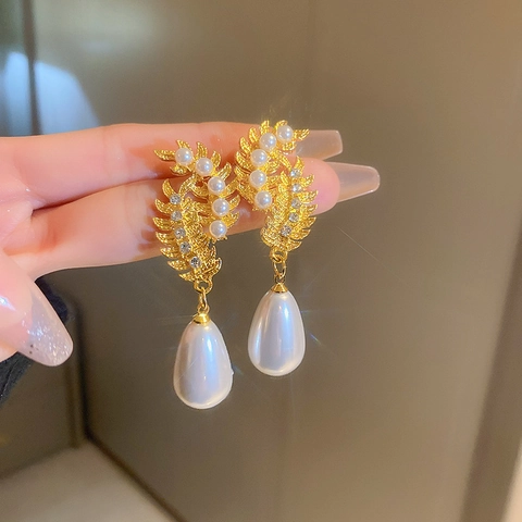 Pendientes Colgantes De Aleación Con Diamantes De Imitación Espiga De Trigo Retro Francés Con Poste De Plata Y Perla Artificial