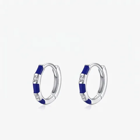 925 Sterling Zilveren Hoop Oorbellen Met Blauw Email En Zirkonia Ingelegd Geometrische Vintage Minimalistische Sieraden Vrouwen