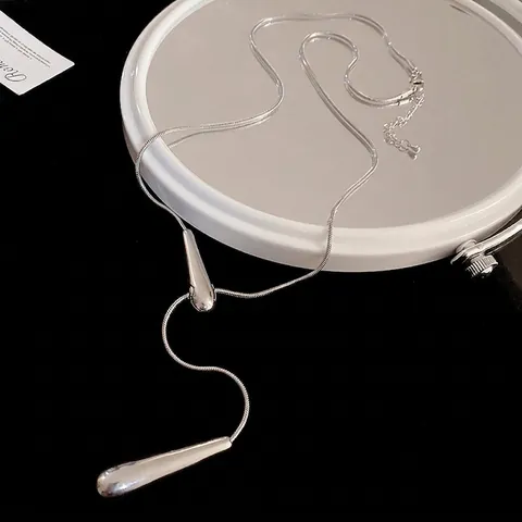 Minimalist Silver Alloy Long Y Necklace With Waterdrop Pendants Snake Bone Chain Geometric Aesthetic Jewelry For Women