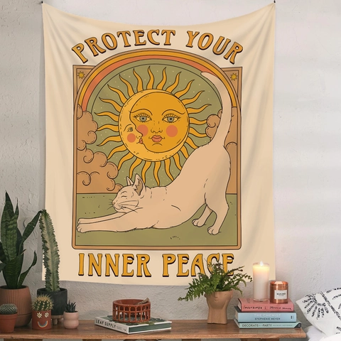 Tapiz De Gato Sol Luna Estrella Vintage Decoración De Pared Bohemio Místico Retro Poliéster Para Habitación