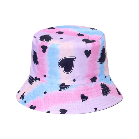 Tie-Dye Heart Print Bucket Hat Polyester Reversible Sun Protection Foldable Summer Outdoor Fashion For Women Men